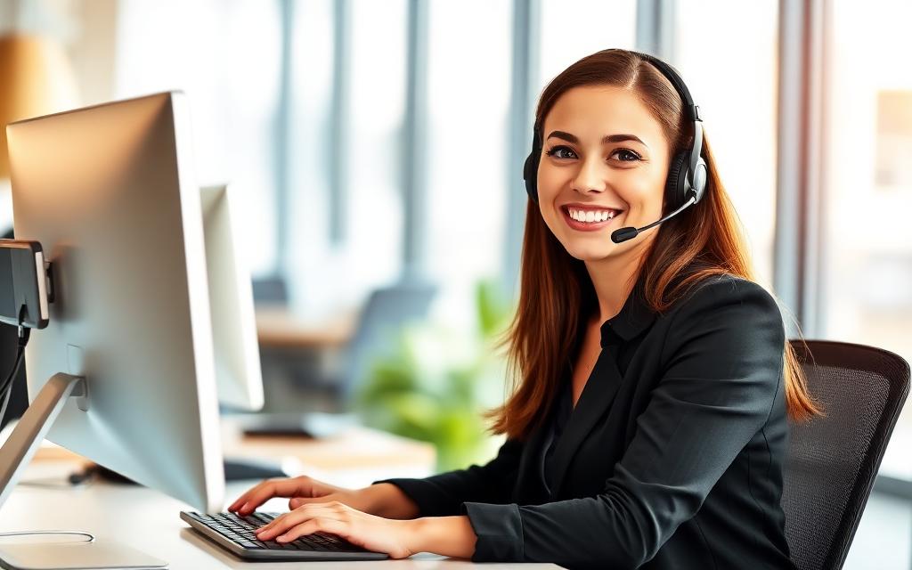 Atendente comercial sorrindo com headset
