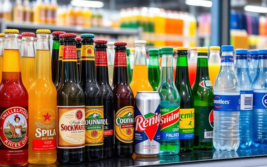 Bebidas variadas em garrafas e latas